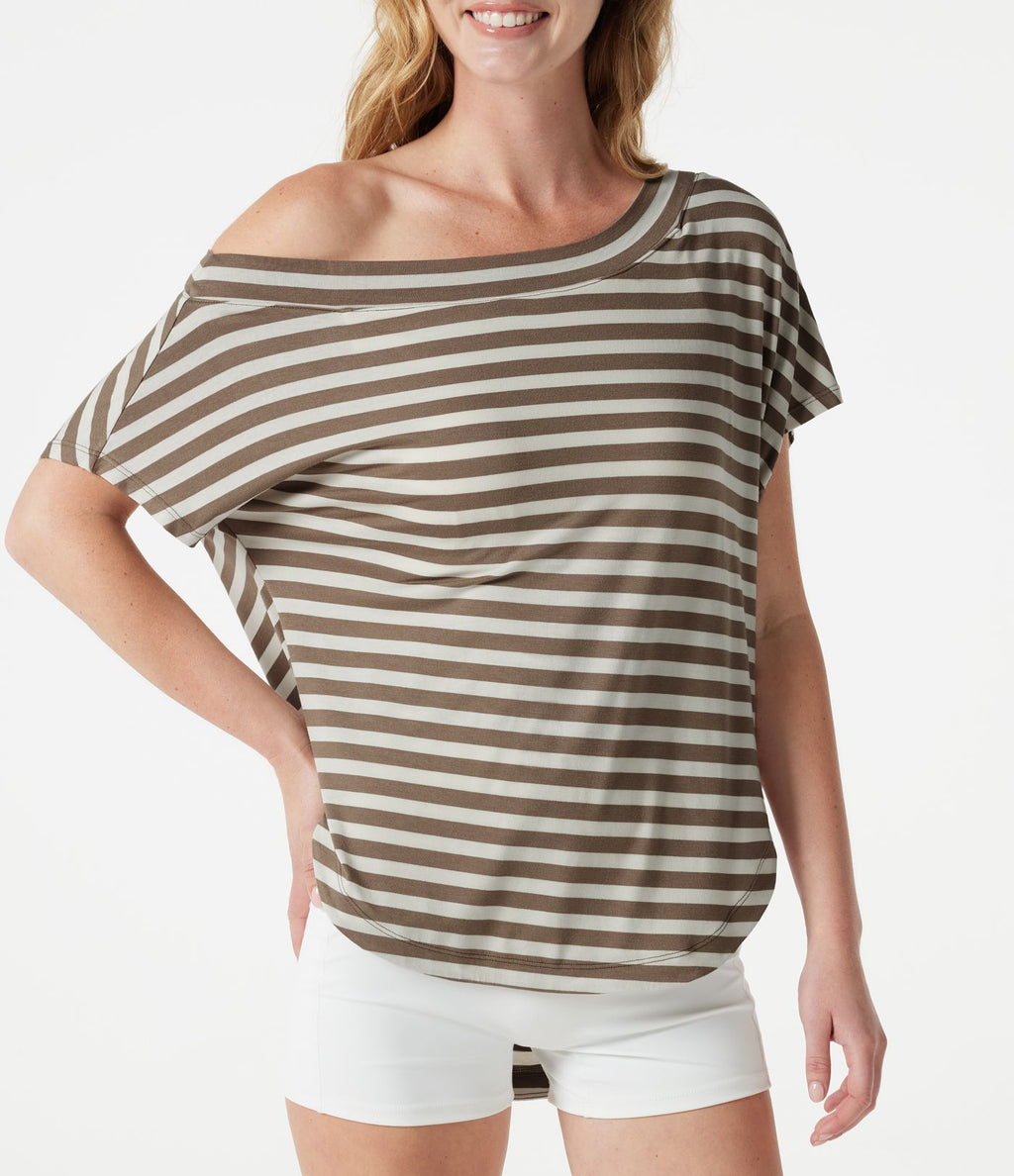 Top casual asymétrique épaule dénudée à rayures, manches courtes, ourlet incurvé et brassière intégrée