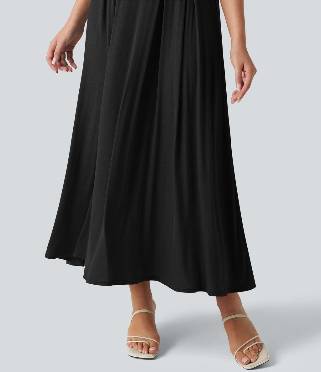 Robe midi casual fluide côtelée gainante à épaules dénudées