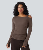 T-shirt décontracté asymétrique en mélange de laine à une épaule et manches longues