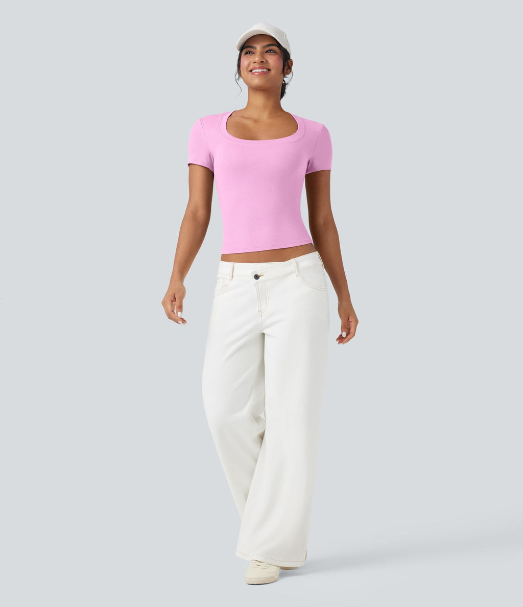 T-shirt décontracté maille côtelée manches courtes