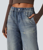 Jogging jean décontracté en molleton French Terry imprimé denim taille mi-haute avec poches