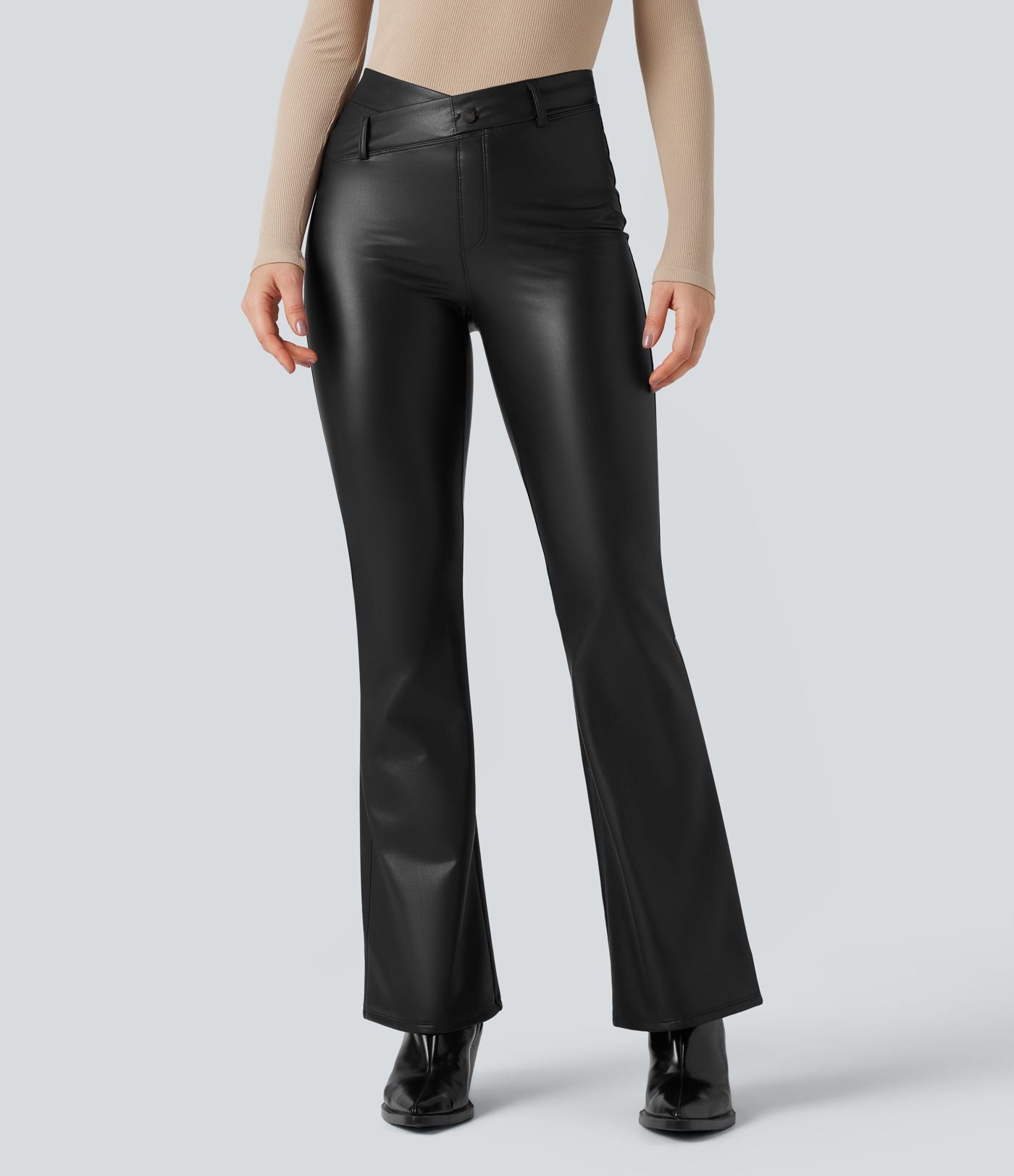 Pantalon évasé asymétrique polaire PU gainant extensible taille haute avec poches