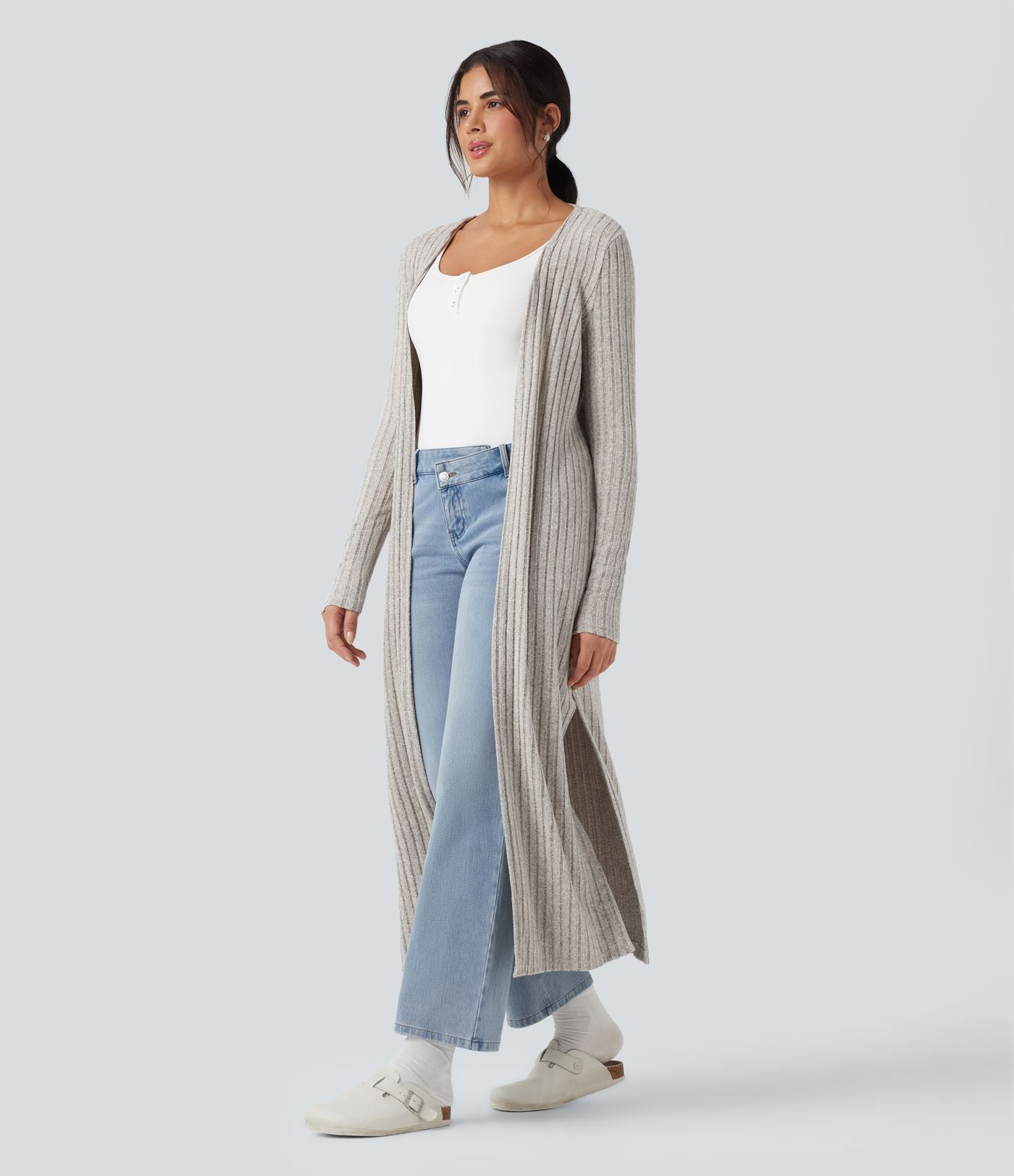 Manteau long décontracté maille côtelée manches longues avec fente