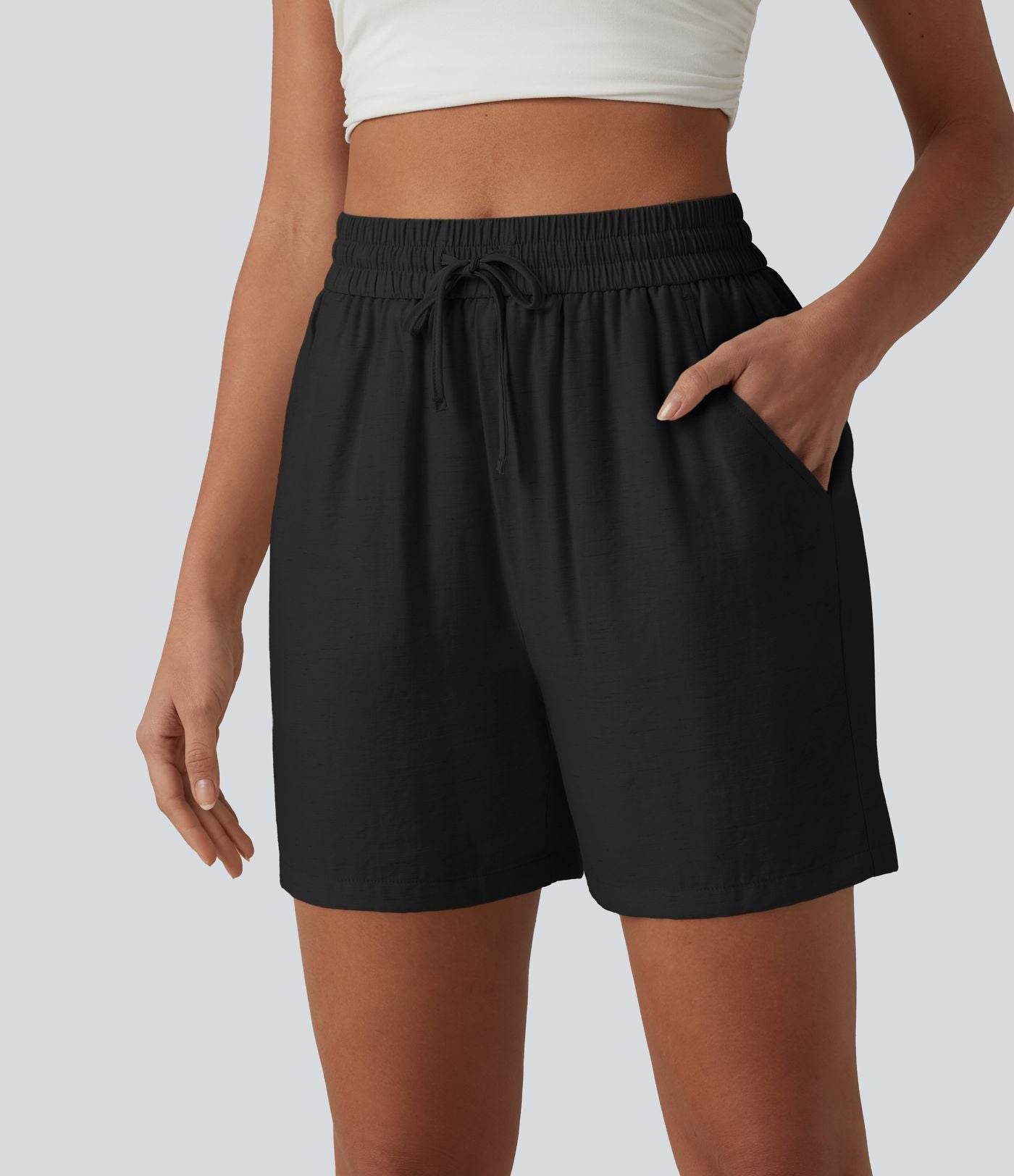 Short décontracté ample en lin mélangé taille haute avec cordon de serrage, 12,5 cm, et poches