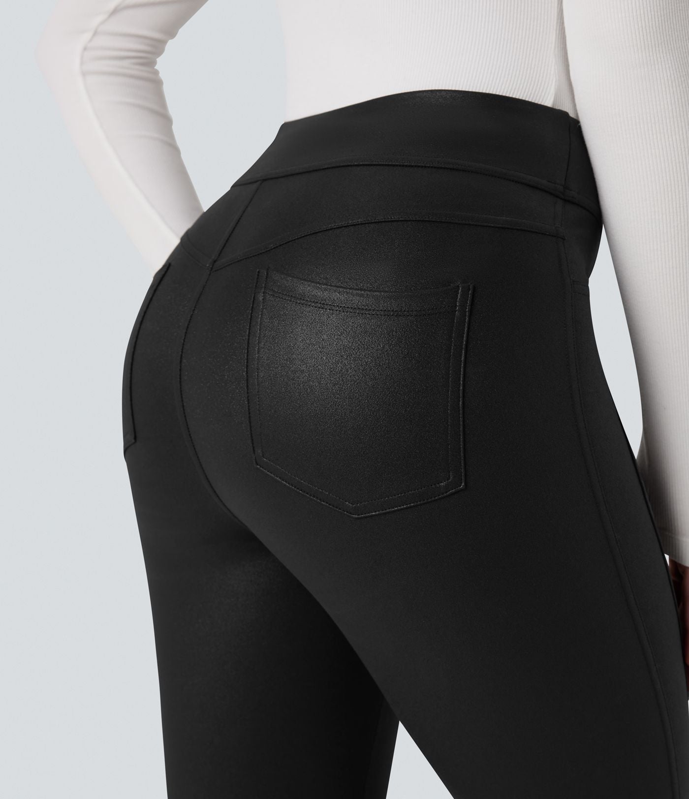 Legging décontracté taille haute en tissu enduit brillant avec poches