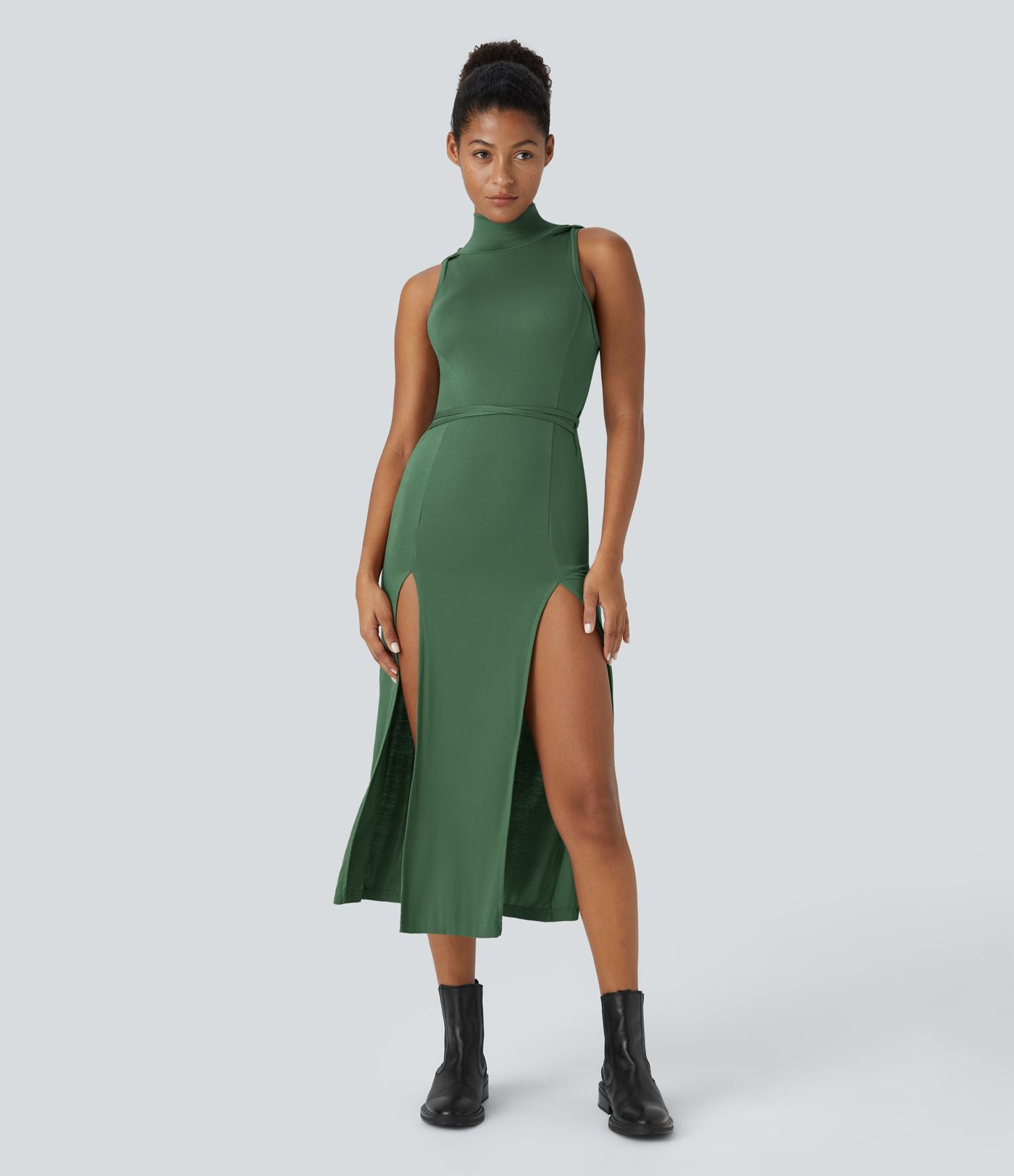 Robe Casual Midi 2 Pièces Capuche Col Montant Sans Manches Fendue avec Découpe Dos Nœud Côtelée
