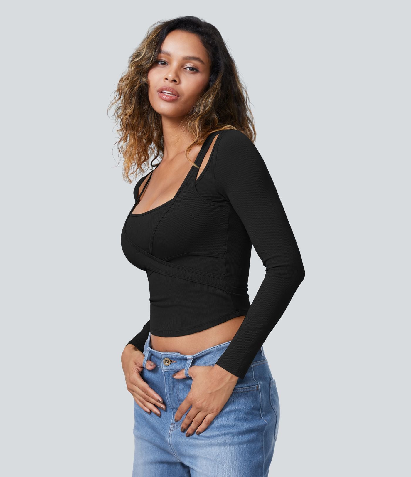 Top de Sport Casual à Manches Longues en Tricot Côtelé à Encolure Carrée Découpes Ourlet Courbé et Coupe Courte