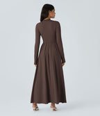 Robe longue décontractée à col montant, manches longues, plissée, avec poches latérales et coupe évasée