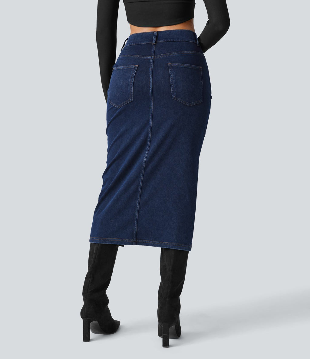Halara Flex™ Jupe en Jean Midi Casual Tricot Extensible Taille Haute Poches Multiples