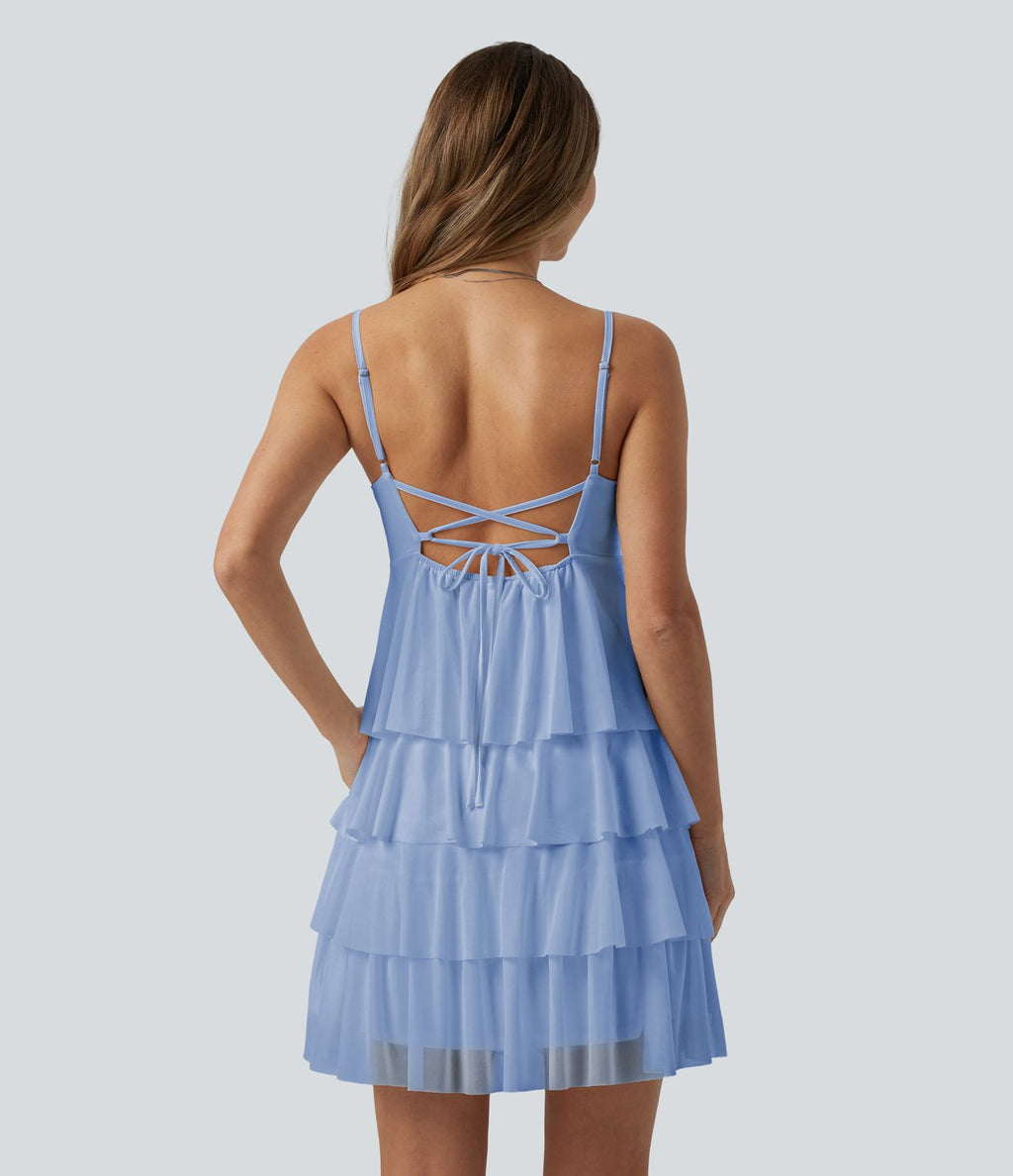 Robe nuisette courte décontractée à volants, dos nu croisé, empiècement en résille, brassière intégrée et poches