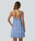 Robe nuisette courte décontractée à volants, dos nu croisé, empiècement en résille, brassière intégrée et poches