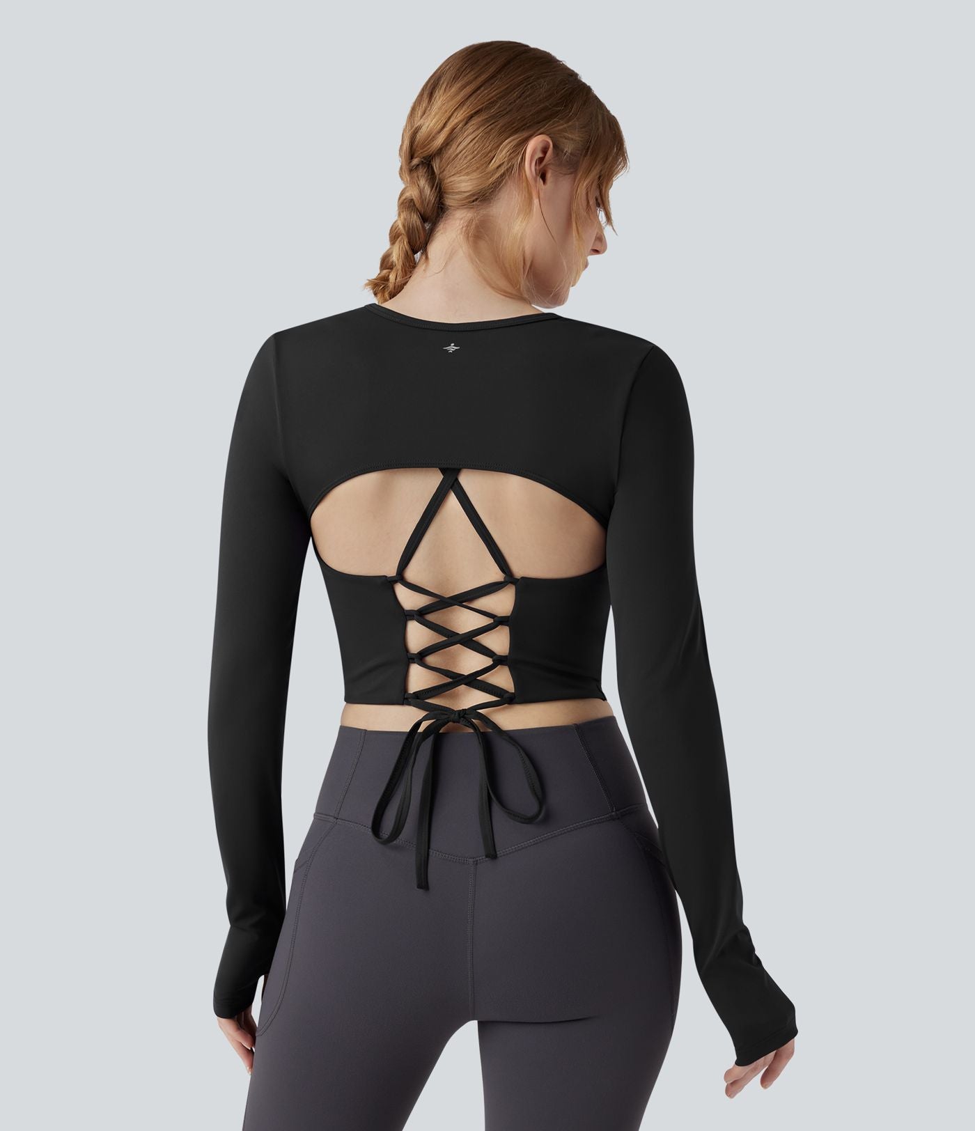 Haut de sport yoga court 2-en-1 col rond à manches longues avec passants pouces et laçage SoftlyZero™ Airy - UPF50+