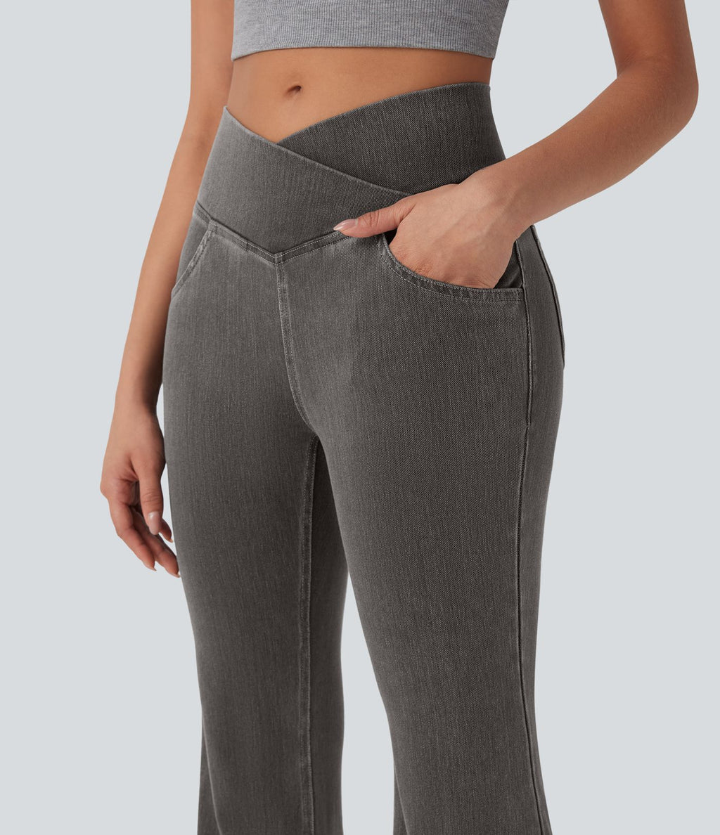 Halara Flex™ - Jean Ultra Evasé Tricot Extensible Lavé Poches Croisées Taille Haute