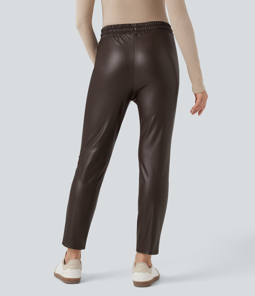 Pantalon fuselé 7/8 décontracté PU molleton extensible taille haute avec cordon et poches