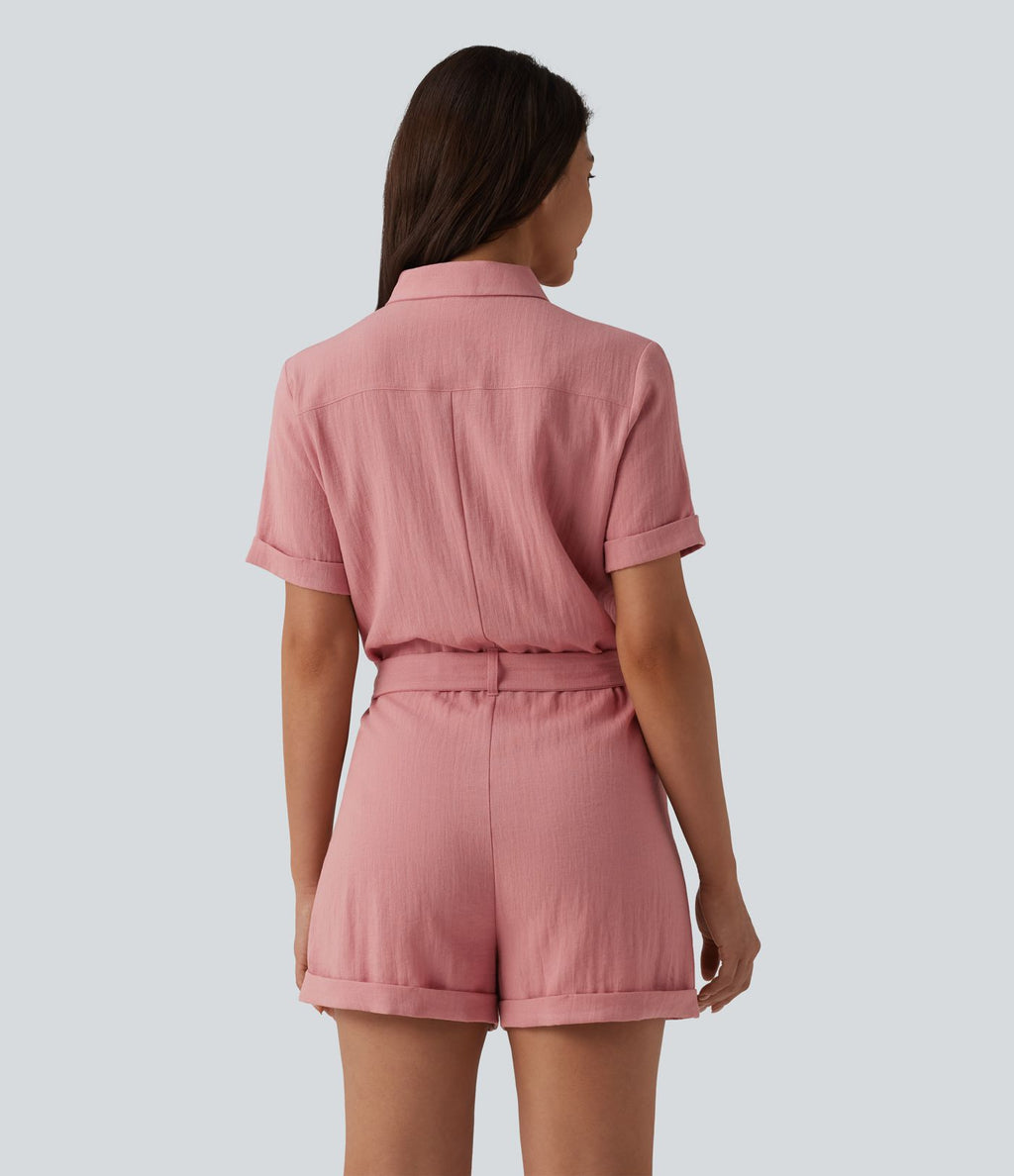Combishort chemise manches courtes effet lin, avec ceinture et poche
