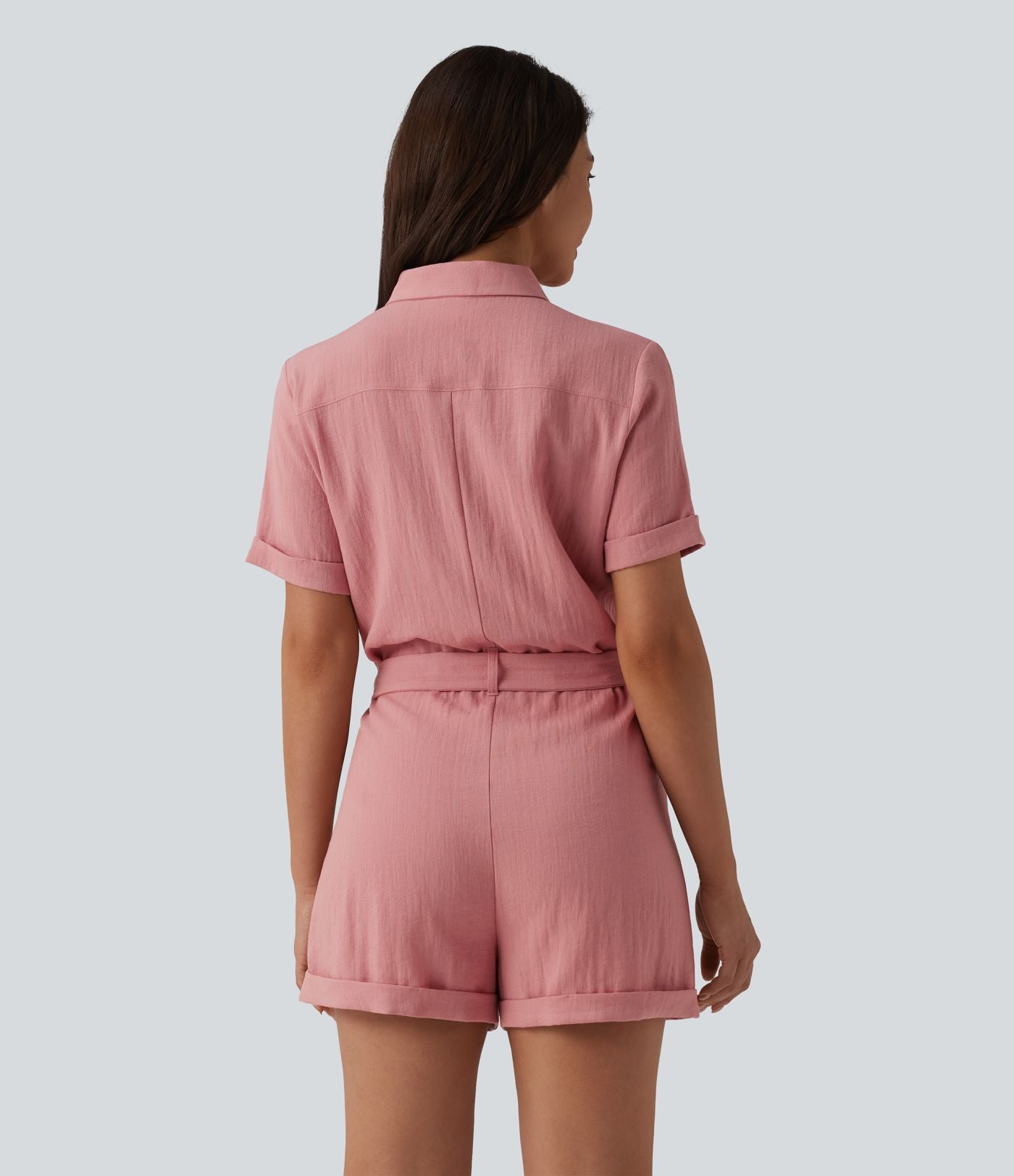 Combishort chemise manches courtes effet lin, avec ceinture et poche
