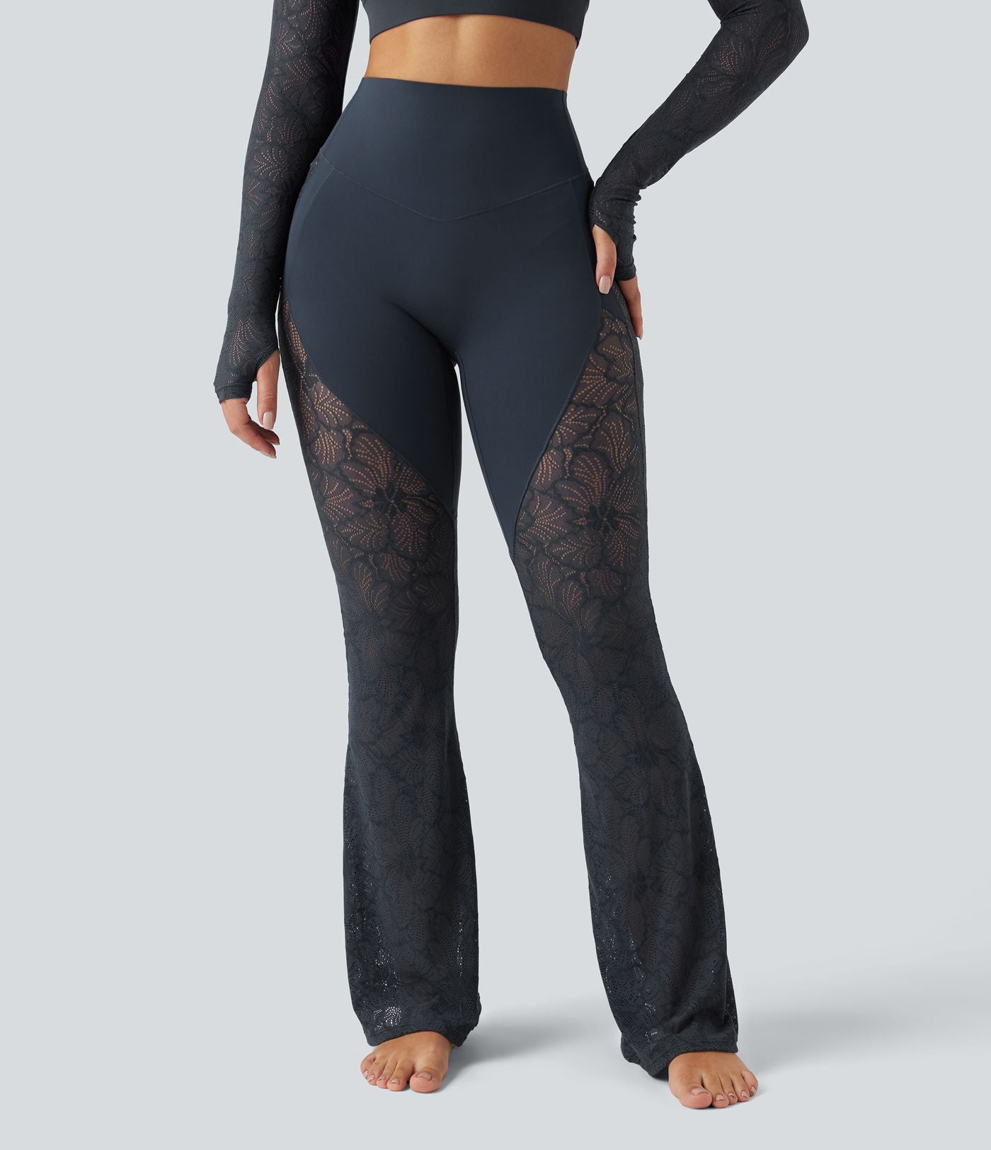 Pantalon de yoga évasé gainant taille haute avec dentelle contrastée et poche Halara UltraSculpt™