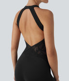 Combinaison de yoga moulante Softlyzero™ à dos nu avec dentelle contrastante - UPF50+