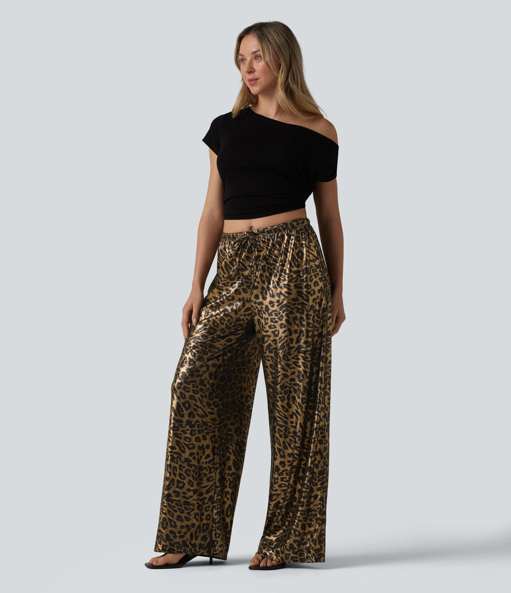 Pantalon leopard large décontracté taille mi-haute avec cordon de serrage et poches