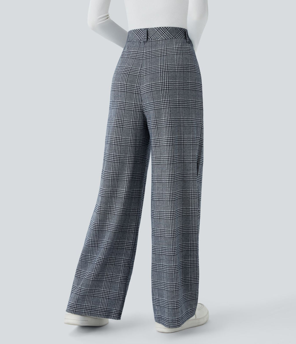 Pantalon taille haute décontracté large à carreaux, avec poches