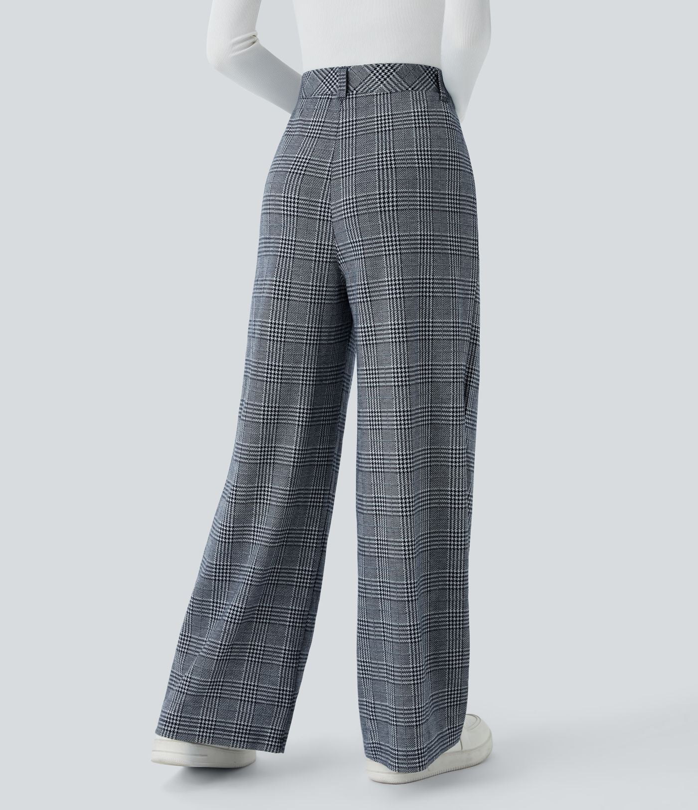 Pantalon taille haute décontracté large à carreaux, avec poches