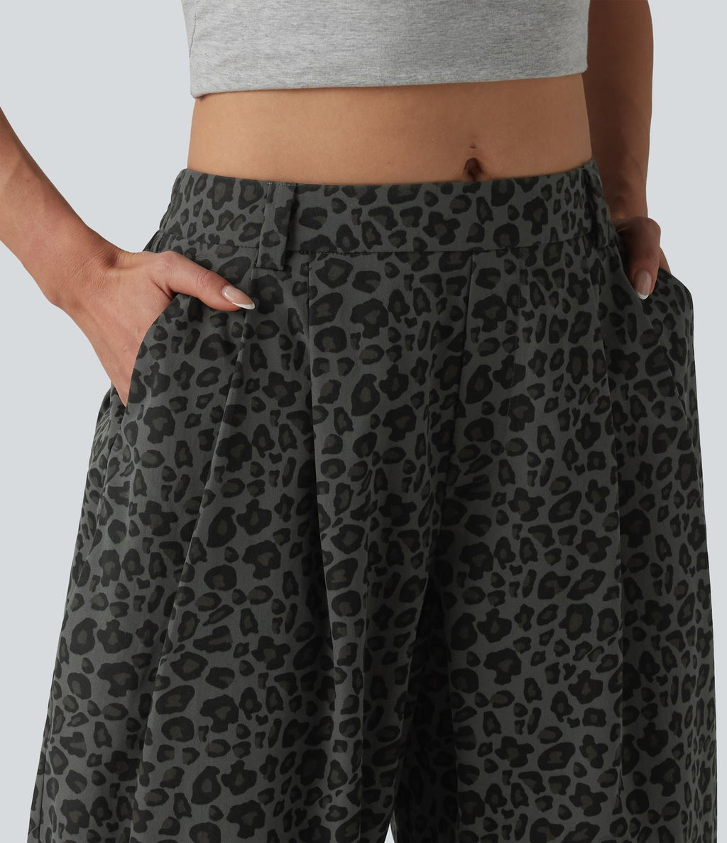 Pantalon léopard décontracté taille mi-haute et jambes fuselées avec poches