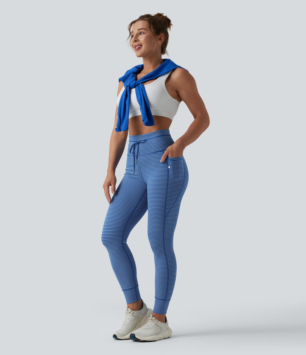 Legging de yoga rayé taille haute avec cordon de serrage et poches