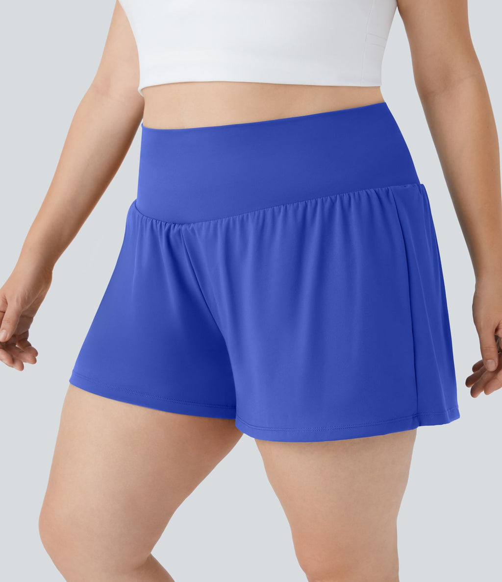 Short Yoga 10cm Plus Longue Taille Ultra Haute 2 en 1 Poche Arrière Poche Cachée Latérale Grande Taille