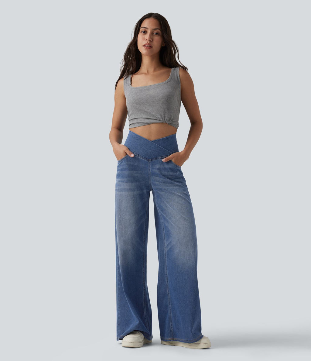 Halara Flex™ Jean large casual taille haute croisée ventre plat, avec poches