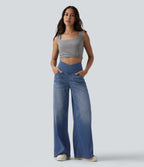 Halara Flex™ Jean large casual taille haute croisée ventre plat, avec poches