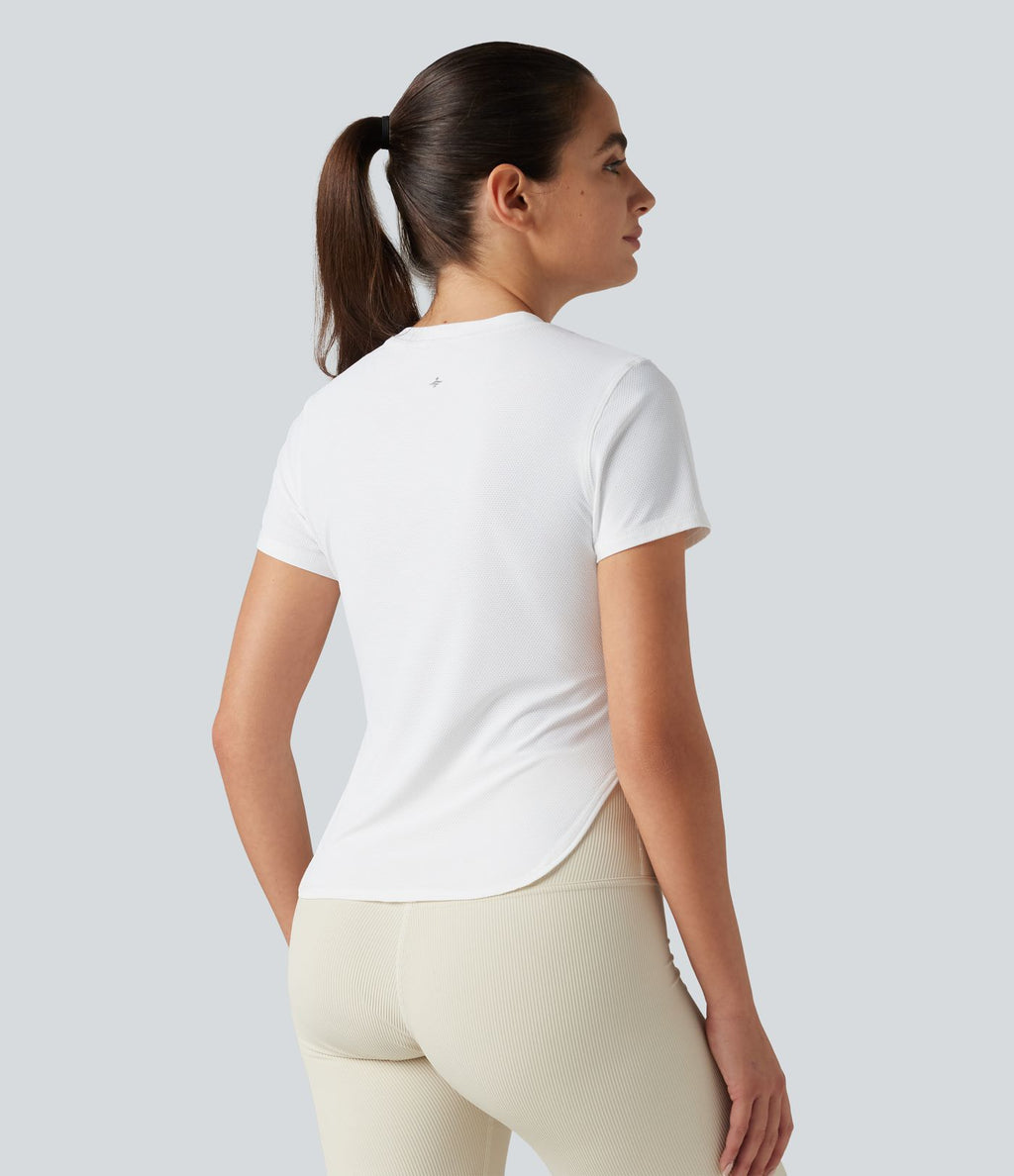 Haut de sport yoga col rond manches courtes ourlet arrondi en mesh respirant