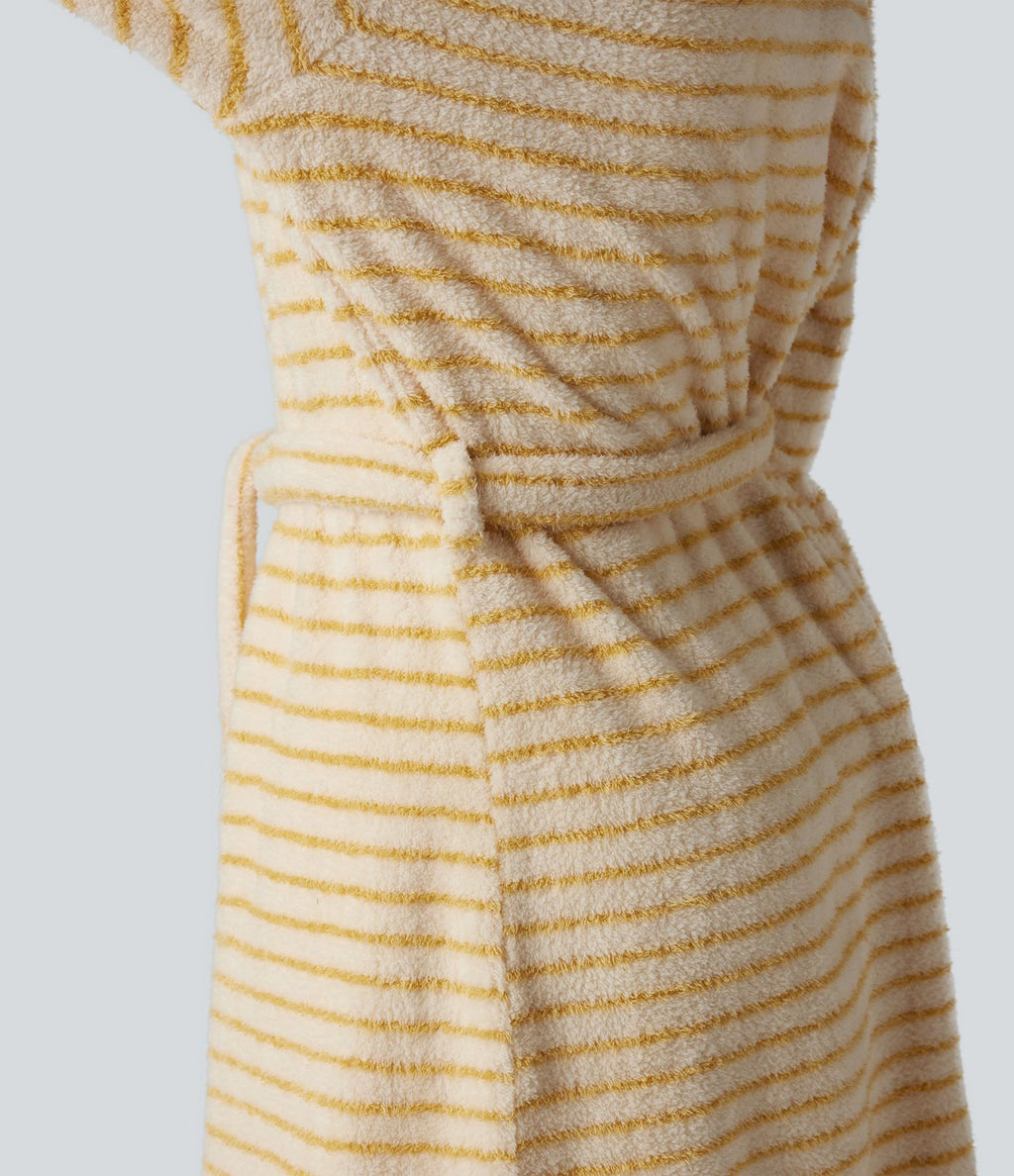 Robe d'intérieur longue en flanelle à rayures manches longues ouverte avec ceinture