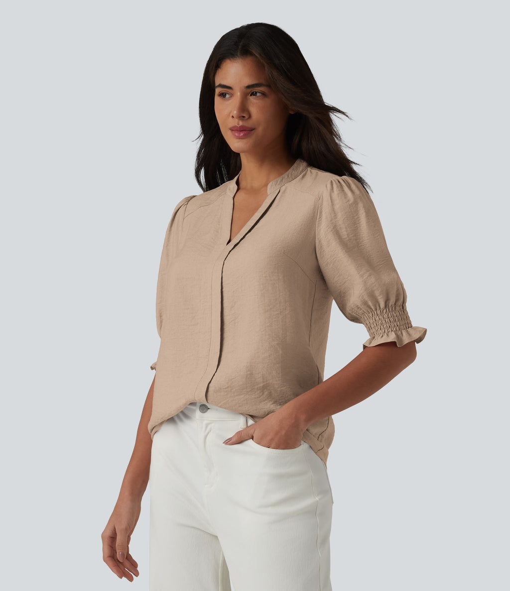 Blouse décontractée à col en V et manches courtes bouffantes