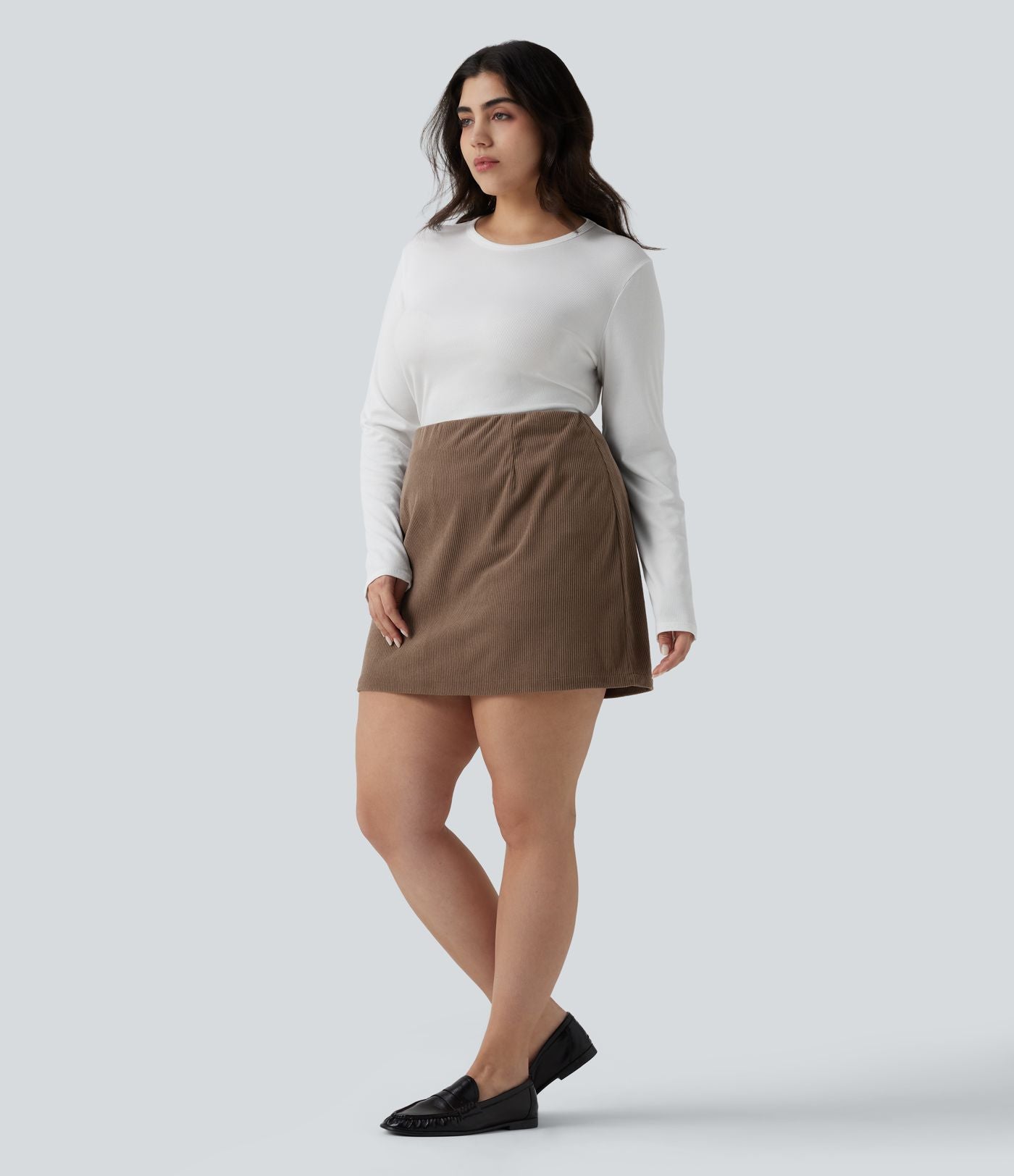 Jupe mini casual grande taille 2-en-1 en velours côtelé taille haute ligne A - Longueur plus longue
