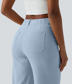 Pantalon taille haute coupe droite effet lin avec poches