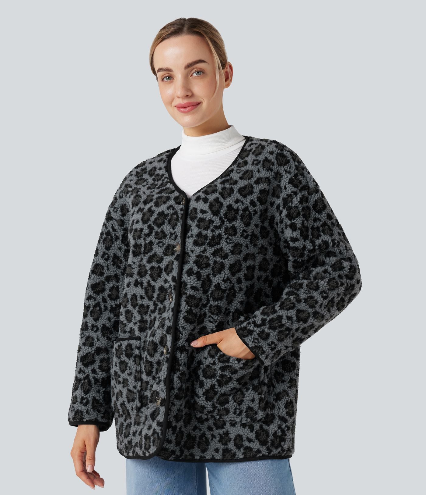 Veste décontractée en sherpa imprimé léopard avec poches