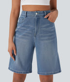 Bermuda en jean délavé Halara Flex™ taille haute à poches multiples