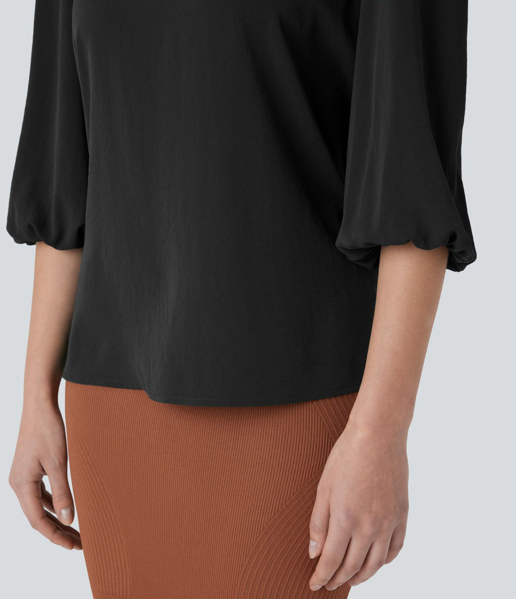 Blouse de travail col bateau avec manches évêque et dos ajouré