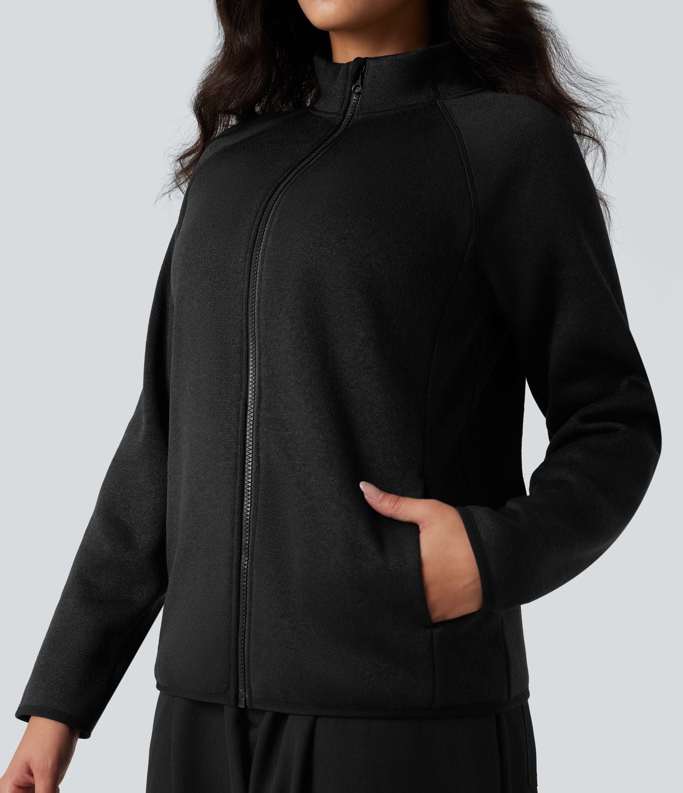 Veste polaire de randonnée chiné col montant manches longues avec fermeture éclair et poches
