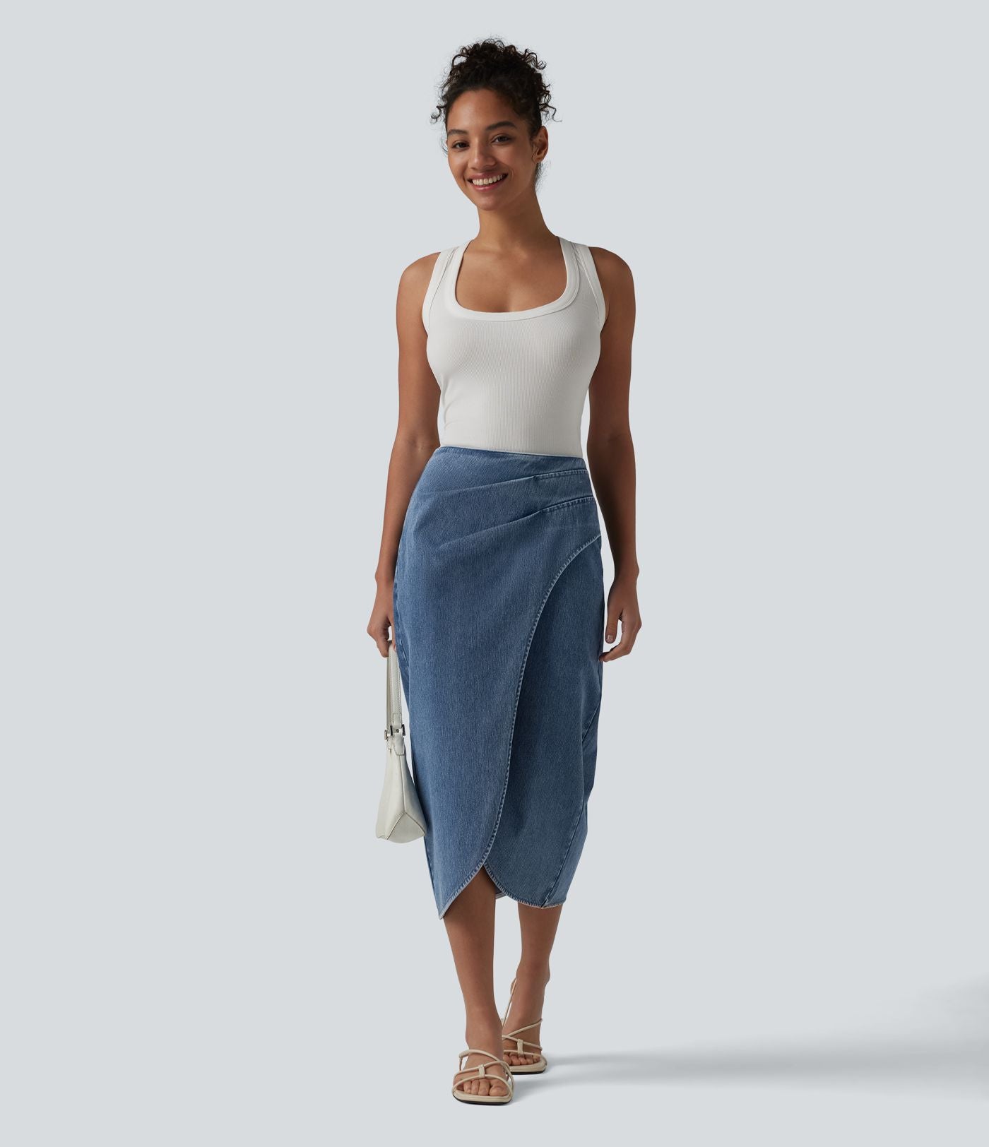 Halara Flex™ Jupe en Jean midi délavé taille haute avec zip dos, effet drapé et ourlet tulipe