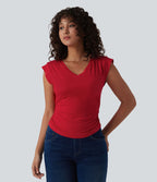 T-shirt décontracté col V manches courtes ourlet arrondi froncé