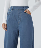 Jean ample délavé taille haute en maille extensible avec poches multiples