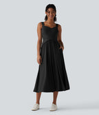 Robe midi fluide sans manches dos croisé ouvert avec poches
