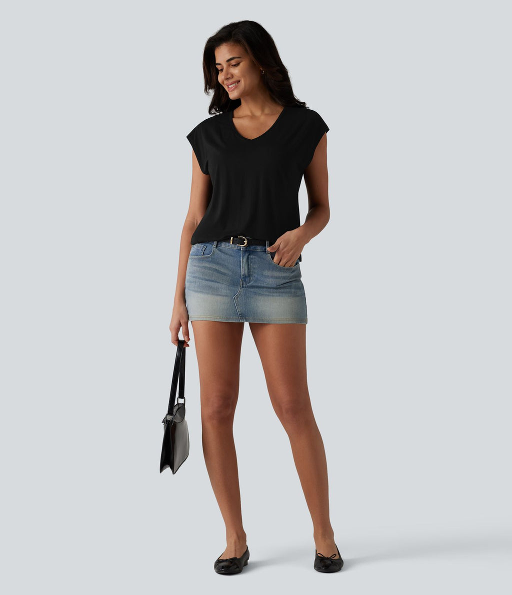 T-shirt décontracté à col V, manches courtes et soutien-gorge intégré bonnets B-DD