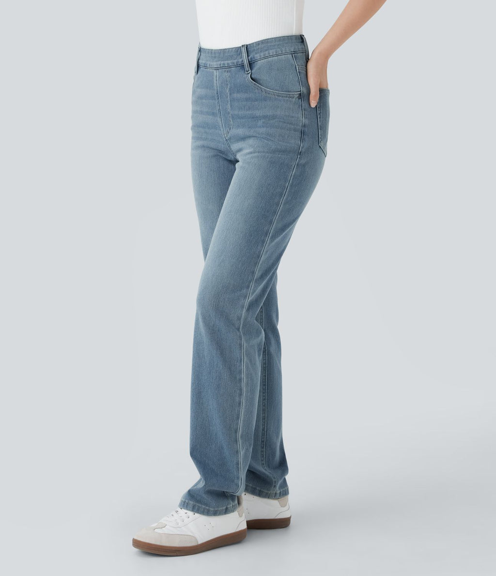 Jean droit Halara Flex™ à taille haute, poches multiples, effet délavé et tissu extensible