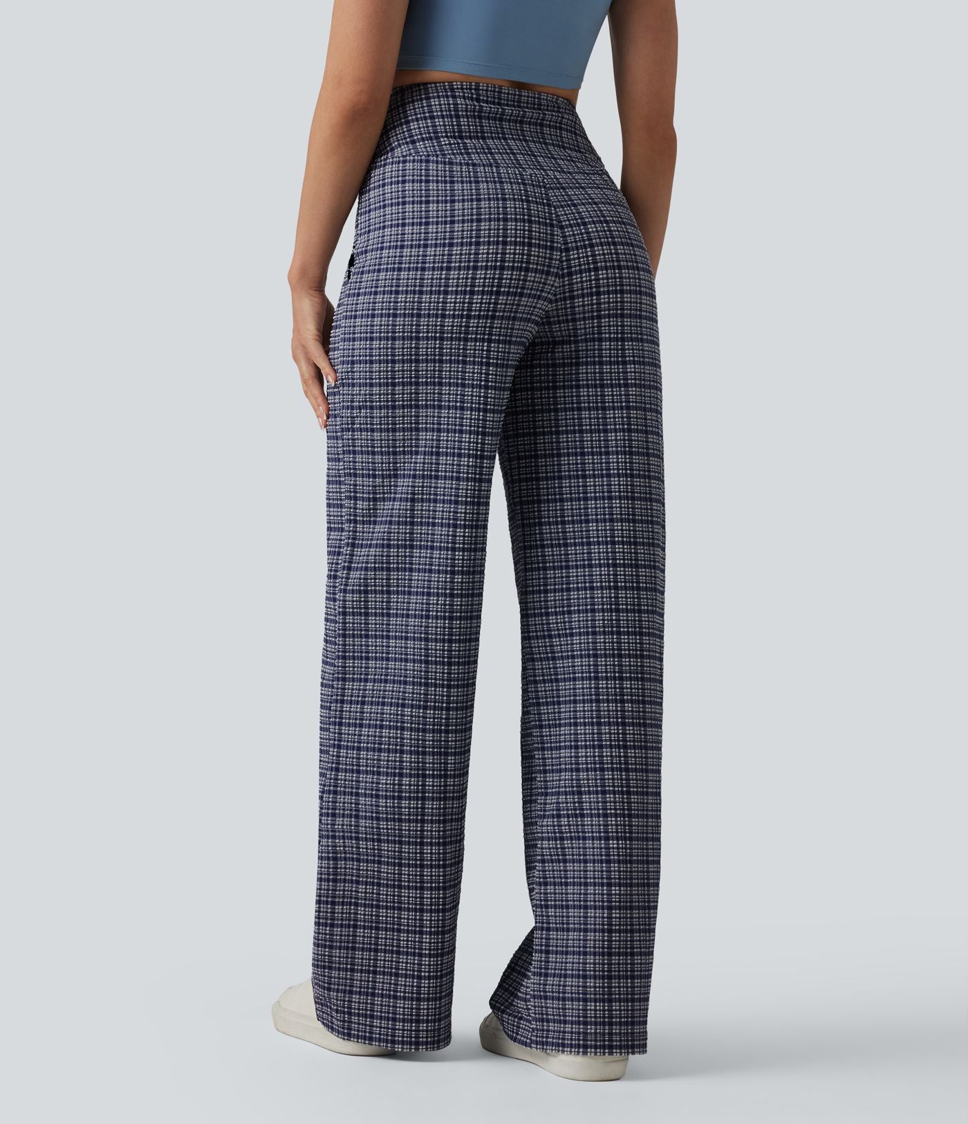 Pantalon large taille haute ventre plat à carreaux en tissu froissé séchage rapide avec poches