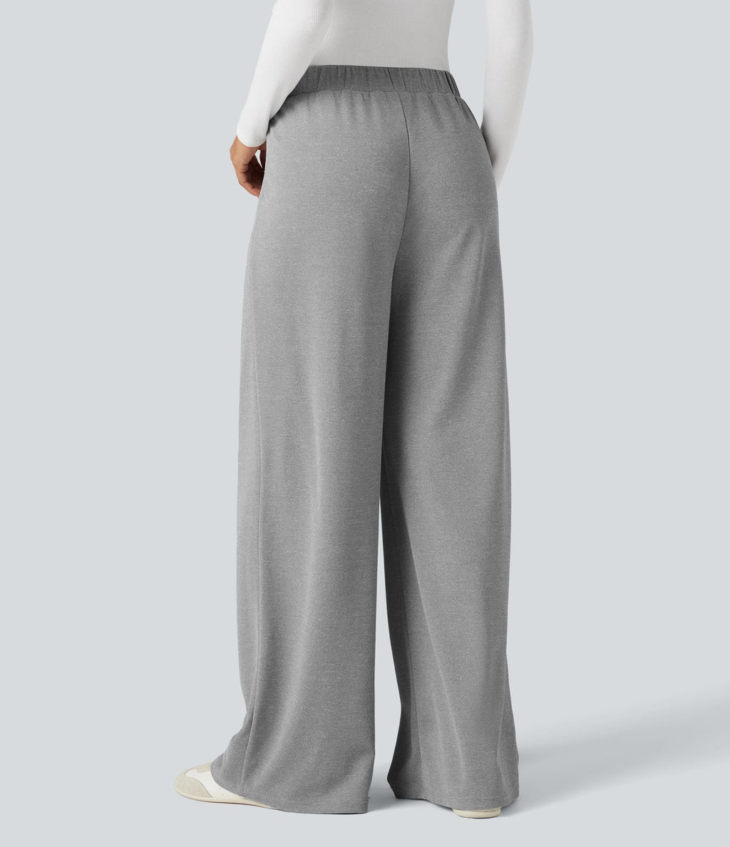 Pantalon taille haute décontracté large en maille gaufrée, avec poches