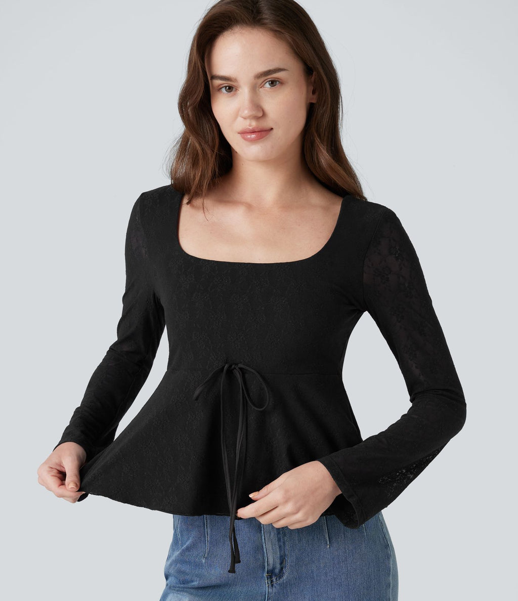 Top babydoll de soirée col U à manches longues avec dentelle contrastante et cordon de serrage