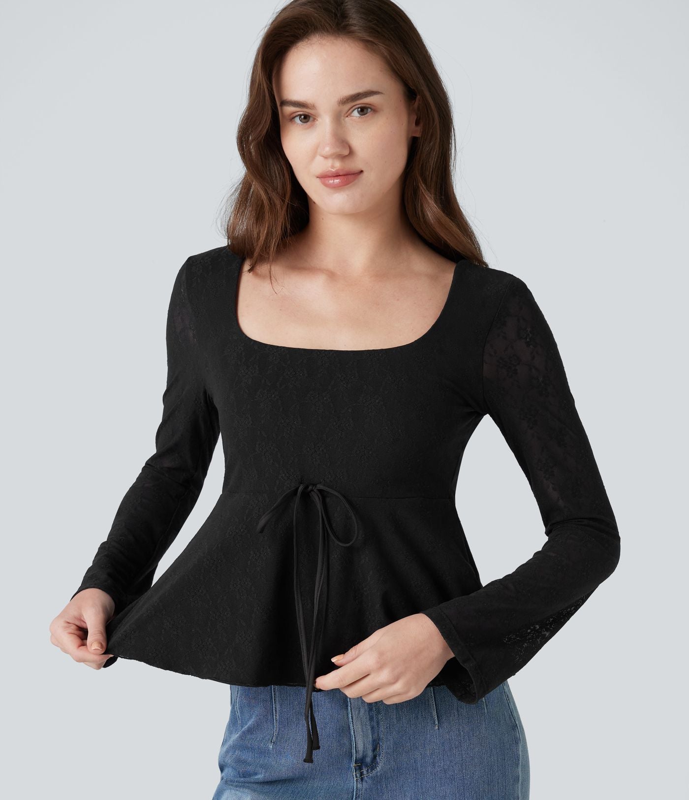 Top babydoll de soirée col U à manches longues avec dentelle contrastante et cordon de serrage