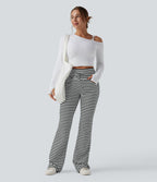 Pantalon évasé décontracté taille haute gainant à rayures en tissu gaufré avec cordon de serrage et poches